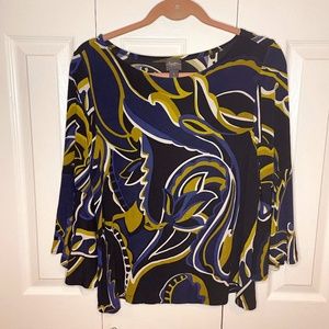 CHICOS Travelers Slinky Knit Top 3/4 bell sleeve Abstract Print Blouse